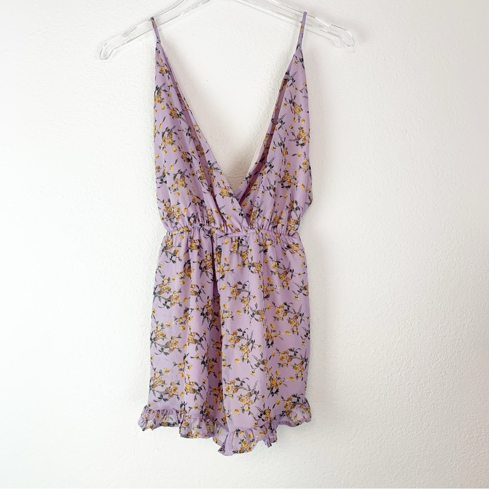 Audrey 3+1 Romper Small Purple Floral Ruffle Hem Feminine Flirty V-neck